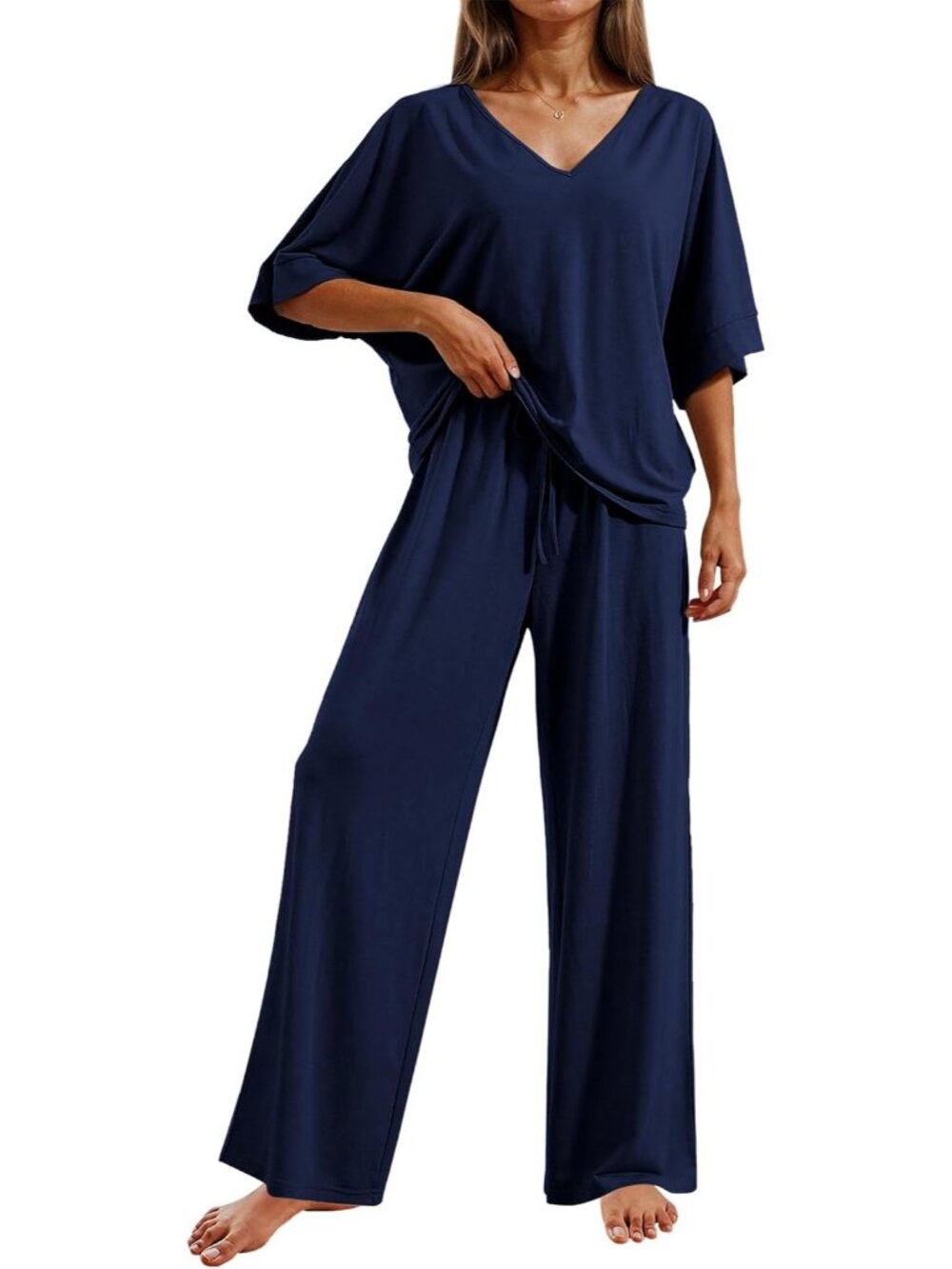 Women's Navy Casual V Neck Short Sleeve Sleepwear 2 Piece Pajama Sets